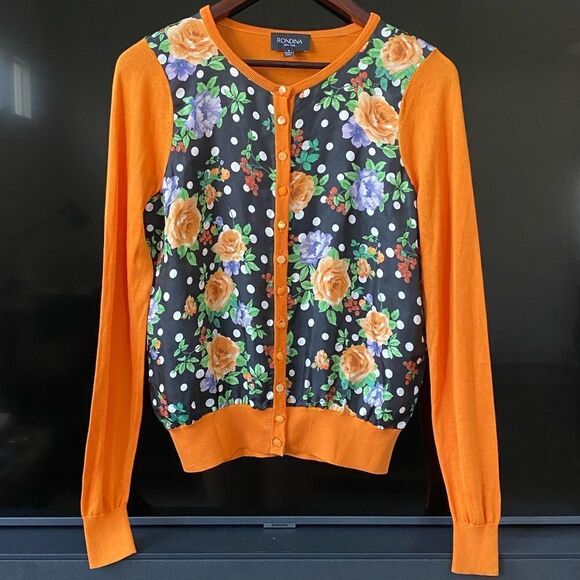Rondina Orange Floral Scoop Neck Cardigan Sweater, Size S - Picture 1 of 6